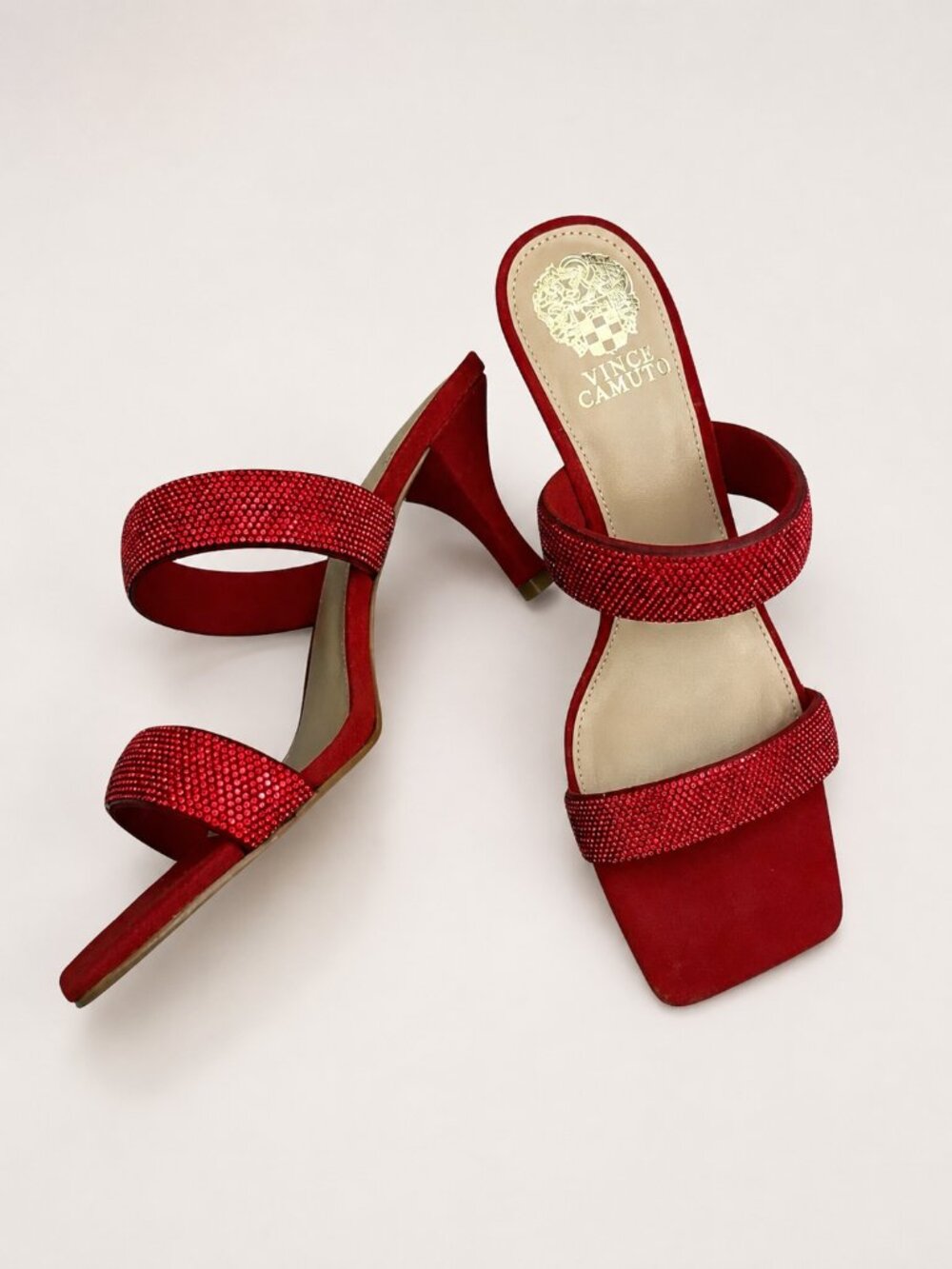 Vince Camuto Red Rhinestone Embellished Slide Heels Square Toe Sandals 9